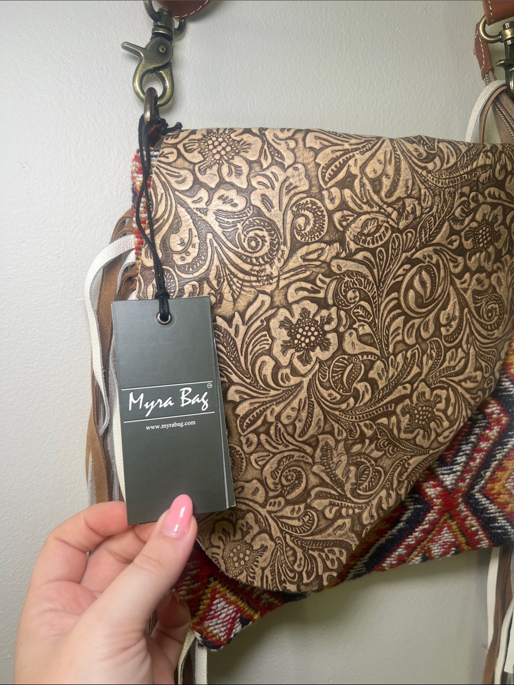 Myra Bag Brown Leather-Trim Fringe Crossbody with Patterned Weave - Picture 2 of 5